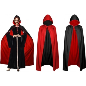 BFS   Çift Taraflı Kullanılabilir Siyah Kırmızı Kapişonlu Pelerin 140 cm Yetişkin