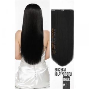 BFS Doğal Görünümlü Düz Siyah Sentetik Kaynak Saç – RENK KOD:#1B  Kolay Tak Çıkar, Işıltılı Etki!