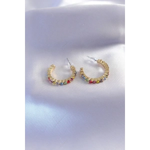 BFS Gold Renk Yarım Halka Model Renkli Kristal Taşlı Kadın Küpe