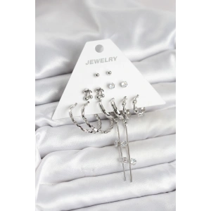 BFS Gümüş Renk Pirinç 6lı Kadın Küpe Seti