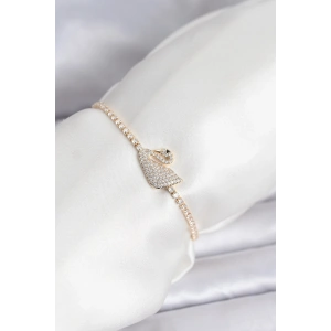 Mey İthalat® Kuğu Model Zirkon Taşlı Gold Renk Asansörlü Su Yolu Bileklik