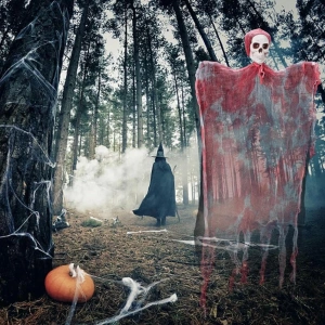 BFS   Led Işıklı Kahkaha Atan Sesli Sensörlü Ürpertici Kuru Kafa Kanlı Korku Hayalet Saçaklı Dekor 90x50 cm