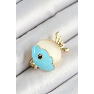 BFS Mineli Turkuaz Ve Krem Balık Figürlü Gold Renk Kadın Broş