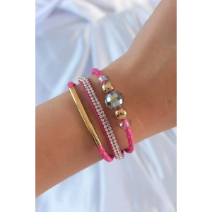 BFS Pembe Renk Zirkon Taşlı Deri Çoklu Bileklik