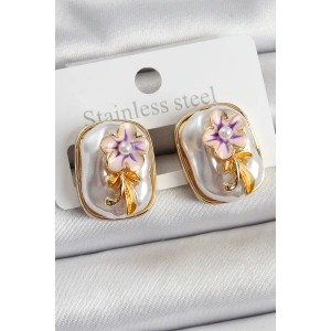 BFS Pirinç Beyaz Mineli İnci Detaylı Çiçek Figürlü Sanatsal Portre Model Gold Renk Kadın Küpe