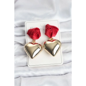 BFS Pirinç Gold Kalpli Kırmızı Gül Model Kadın Küpe
