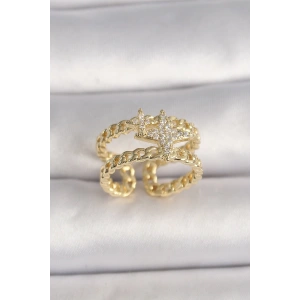 BFS Pirinç Gold Renk 2Li Zincir Zirkon Taşlı Yıldız Figür Kadın Yüzük