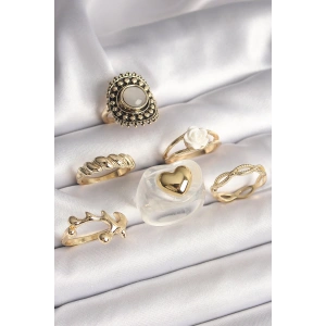BFS Pirinç Gold Renk Beyaz Gül Figür Kalp İşlemeli Sarmal Detay 6Lı Kadın Yüzük Seti