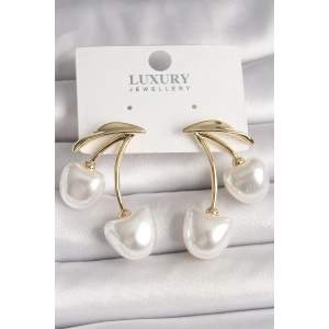 BFS Pirinç Gold Renk Beyaz İnci Kiraz Model Kadın Küpe