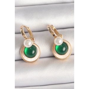 BFS Pirinç Gold Renk Beyaz Yeşil Sallantı Mineli Kadın Küpe