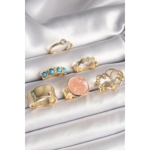 BFS Pirinç Gold Renk Daire Pembe Mineli Zirkon Taş Detaylı 6Lı Kadın Yüzük Seti