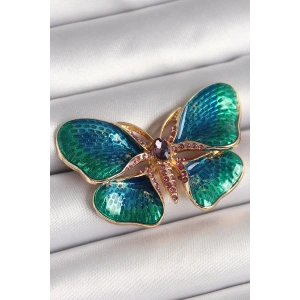 BFS Pirinç Gold Renk Turquaz Model Zirkon Taş Detaylı Kelebek Model Kadın Broş