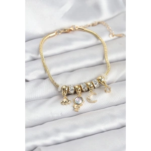 Mey İthalat® Pirinç Gold Renk Uzay Tema Charmlı Kadın Bileklik