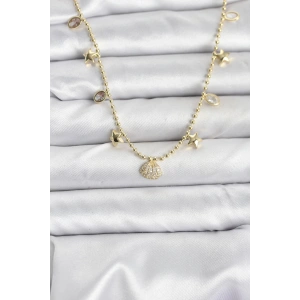 BFS Pirinç Gold Renk Zirkon Taşlı Deniz Kabuğu Model Kadın Kolye