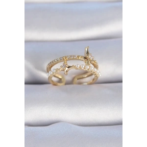 BFS Pirinç Gold Renk Zirkon Taşlı İnci Detay Kutup Yıldızı Model Kadın Yüzük