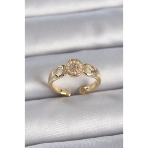 BFS Pirinç Gold Renk Zirkon Taşlı İncili Kalp İşleme Detay Ayarlanabilir Kadın Yüzük