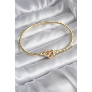 Mey İthalat® Pirinç Gold Renk Zirkon Taşlı Kalp Sonsuzluk Model Charm Kadın Bileklik