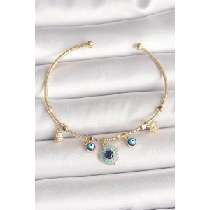 BFS Pirinç Gold Renk Zirkon Taşlı Nazar Boncuk Detay Charm Kadın Bileklik