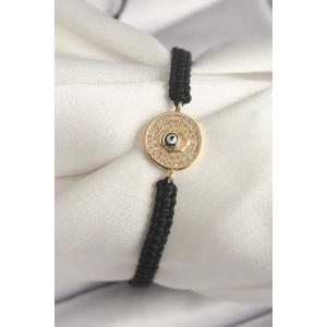 BFS Pirinç Gold Renk Zirkon Taşlı Nazar Boncuk İşleme Makrome Asansörlü Model Kadın Bileklik