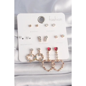 BFS Pirinç Gold Renk Zirkon Taşlı Sallantı Kalp Figür 7 Çift Kadın Küpe Seti