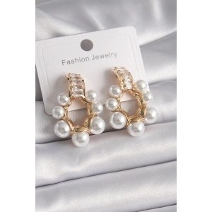 BFS Pirinç Gold Renk Zirkon Taşlı Su Yolu İncili Halka Model Kadın Küpe