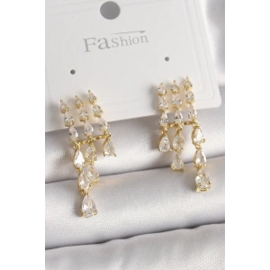 BFS Pirinç Gold Renk Zirkon Taşlı Yağmur Model Kadın Küpe