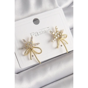 BFS Pirinç Gold Renk Zirkon Taşlı Yıldız Düğüm Model Kadın Küpe