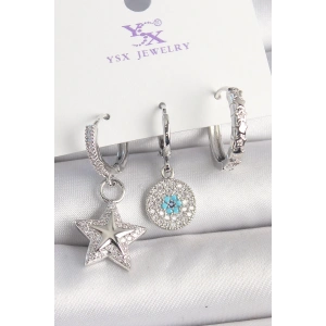 BFS Pirinç Gold Renk Zirkon Taşlı Yıldız Model Nazar Boncuk Detay 3Lü Kadın Kombin Küpe