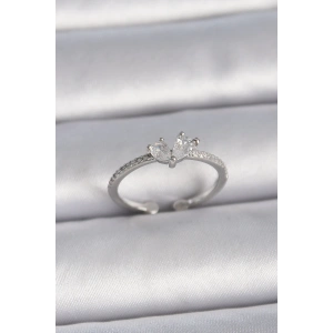 BFS Pirinç Gümüş Renk Ayaralanabilir Zirkon Taşlı Kalp Model Kadın Yüzük