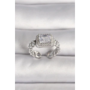 BFS Pirinç Gümüş Renk Ayarlanabilir Zincir Kare Zirkon Taşlı Kadın Yüzük