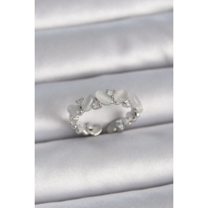 BFS Pirinç Gümüş Renk Ayarlanabilir Zirkon Taşlı Beyaz Mineli Model Kadın Yüzük