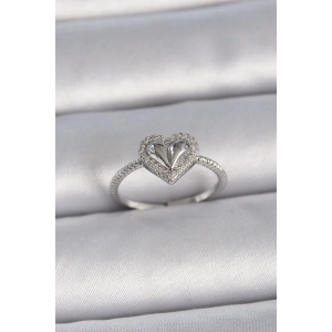 BFS Pirinç Gümüş Renk Ayarlanabilir Zirkon Taşlı Kalp Model Kadın Yüzük