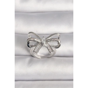 BFS Pirinç Gümüş Renk Ayarlanabilir Zirkon Taşlı Kurdele Model Kadın Yüzük