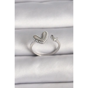 BFS Pirinç Gümüş Renk Beyaz Mineli İnci Detaylı Kalp Model Ayarlanabilir Yüzük