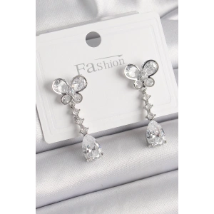 BFS Pirinç Gümüş Renk Kelebek Model Sallantı Damla Zirkon Taşlı Kadın Küpe