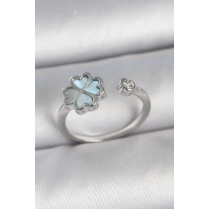 BFS Pirinç Gümüş Renk Mavi Mineli Yonca Model Zirkon Taş Detay Ayarlanabilir Kadın Yüzük