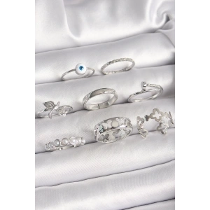 BFS Pirinç Gümüş Renk Nazar Boncuk Detay İncili Kelebek İşlemeli Kadın Yüzük Kombini