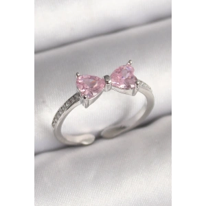 BFS Pirinç Gümüş Renk Pembe Zirkon Taşlı Kalp Fiyonk Model Kadın Yüzük