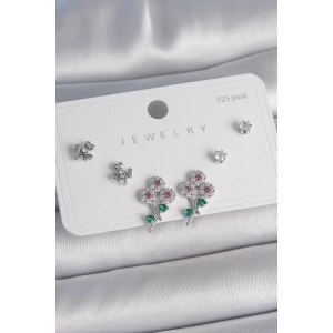 BFS Pirinç Gümüş Renk Renkli Zirkon Taşlı Çiçek Model Yaprak Detay 925 Ayar Gümüş Çivi Kadın Küpe Seti