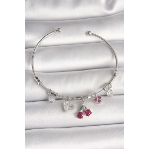 BFS Pirinç Gümüş Renk Sallantı Kiraz Figür Kalp Detay Charm Kadın Bileklik