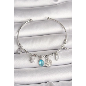 BFS Pirinç Gümüş Renk Sallantı Pusula Figür Kalp Detay Charm Kadın Bileklik