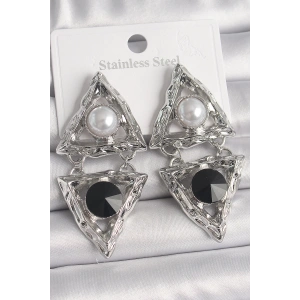 BFS Pirinç Gümüş Renk Sallantı Üçgen Model İnci Detay Kadın Küpe