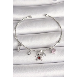 BFS Pirinç Gümüş Renk Sallantı Zirkon Taşlı Ayıcık Figür Kırmızı Taş Detay Charm Kadın Bileklik