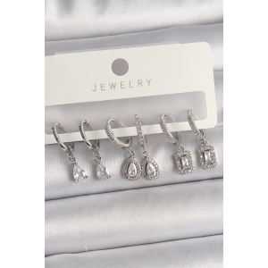 BFS Pirinç Gümüş Renk Sallantı Zirkon Taşlı Damla Model Kadın Küpe Seti