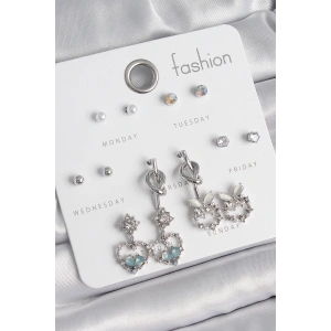 BFS Pirinç Gümüş Renk Sallantı Zirkon Taşlı Kalp Model Düğüm Detay 7 Çift Kadın Küpe Seti