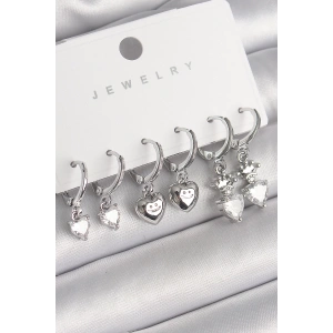 BFS Pirinç Gümüş Renk Sallantı Zirkon Taşlı Kalp Model Taç Detay Kadın Küpe Seti