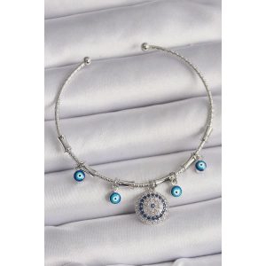 BFS Pirinç Gümüş Renk Sallantı Zirkon Taşlı Nazar Boncuk Figür Charm Bileklik