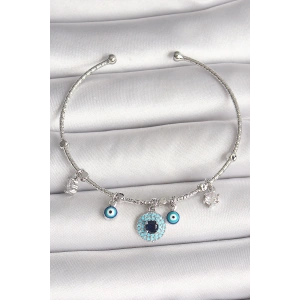 BFS Pirinç Gümüş Renk Sallantı Zirkon Taşlı Nazar Boncuk Figür Charm Kadın Bileklik