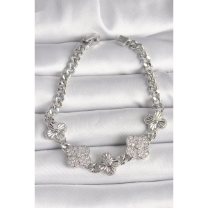 BFS Pirinç Gümüş Renk Zincir Yonca Model Kadın Bileklik