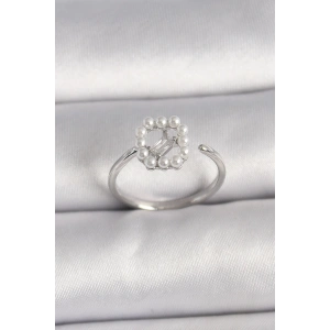 BFS Pirinç Gümüş Renk Zirkon Taş Detaylı İncili Ayarlanabilir Yüzük